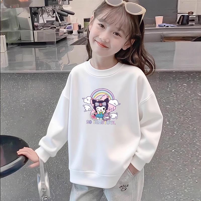 Girls' White Cotton Long-Sleeve Sweatshirt - Loose, Versatile Print Top for Spring/Autumn