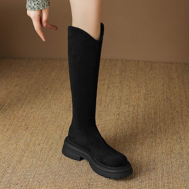 Krazing Pot Flock Autumn Winter Shoes Thick Med Heels Flat Platform Size 43 Modern Boots Stretch Knee Boots