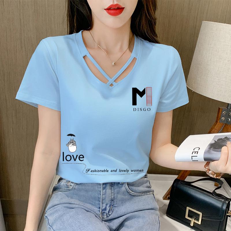2025 Women's Korean Style V-Neck Short-Sleeve Solid Color T-Shirt