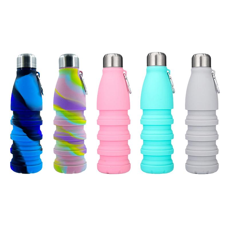Foldable Bottle With Carabiner Leak Silicone Collapsible Water Bottles Portable Sports Cups Proof For Outdoor Travel 550Ml