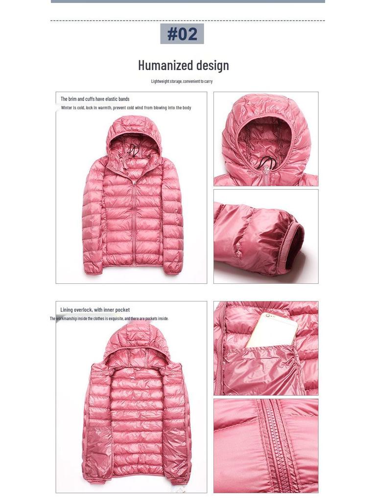 2025 Zimní Korejský Styl Ultralehká Dámská Péřová Bunda s Kapucí - Krátký Slim Kabát Plus Size