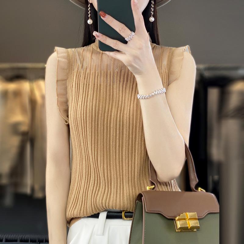 

INDFS Женская мода повседневная летняя весна однотонная печать без рукавов полуводолазка блузки и рубашки XXL