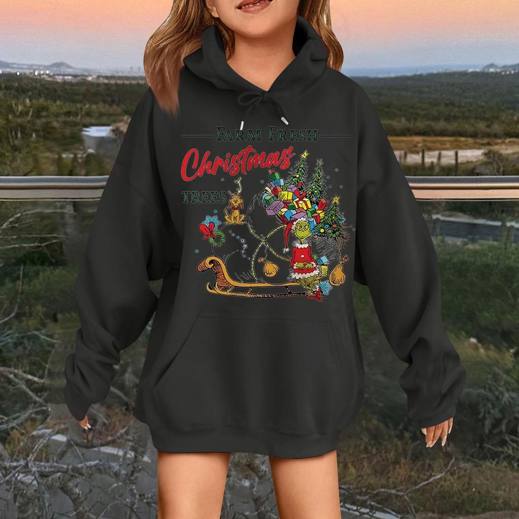 Children's Fashionable Casual Long-sleeved Loose Christmas Print Pullover Hooded Sweatshirt