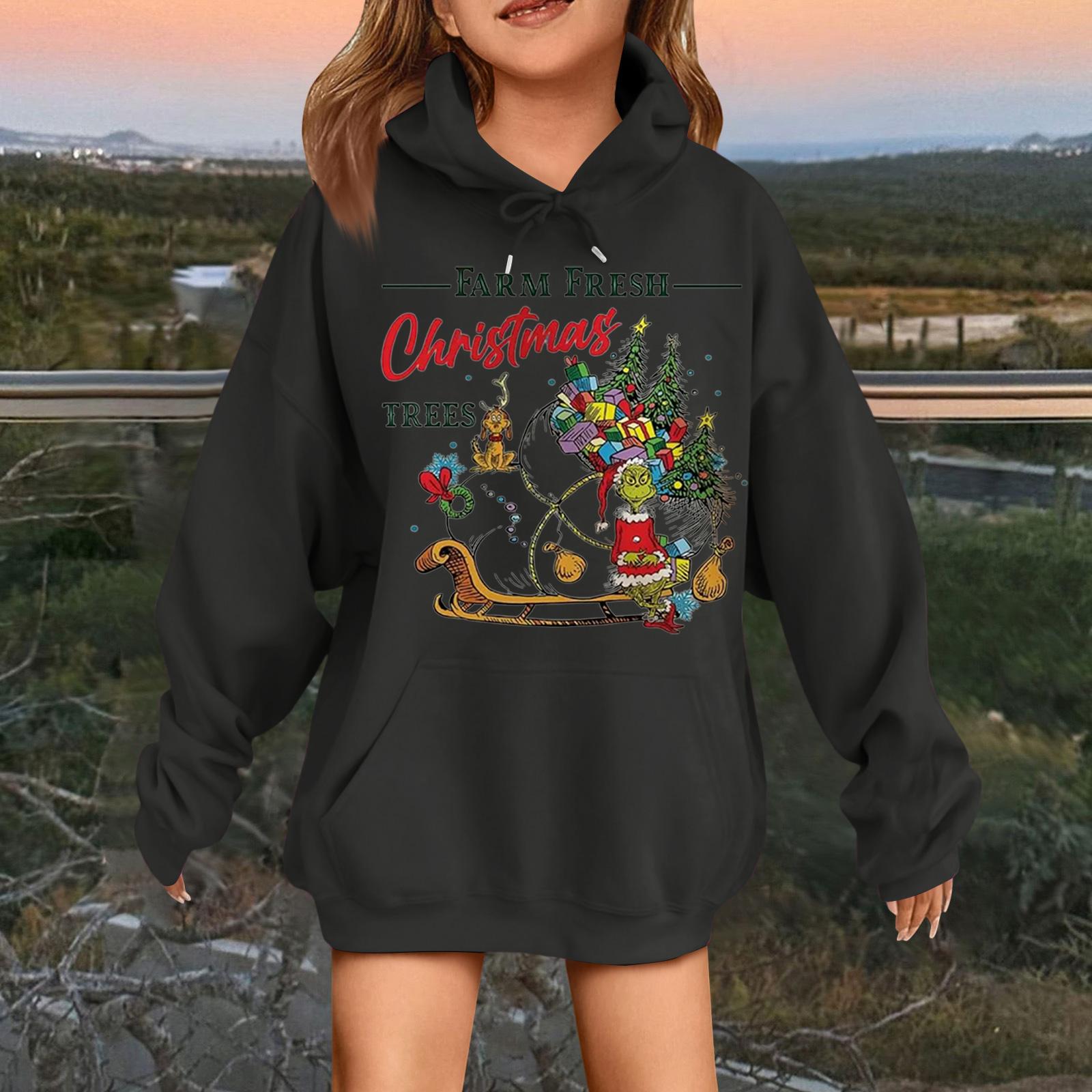 

Children s Fashionable Casual Long-sleeved Loose Christmas Print Pullover Hooded Sweatshirt 160 чёрный