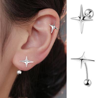 Bijoux de corps à clous plaqués argent S925 Boucles d'oreilles à clous en os piercing à porter en superposition pour femmes Boucles d'oreilles asymétriques croix étoile Étoile quadruple Clous à vis