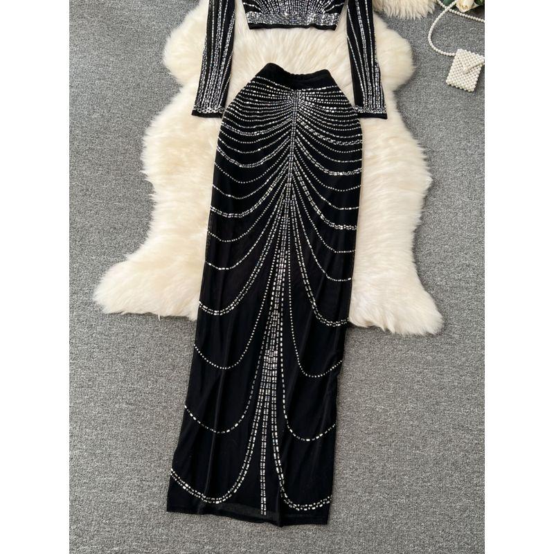 Fashion Socialite Style Suit Women's Accessible Luxury Heavy Embroidery Hot Drilling Long Sleeves Tops + Skirt Sheer Mesh Dress Fashion