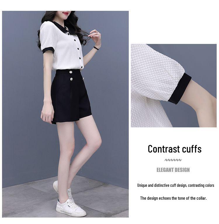 Women's Summer Color Block Doll Collar Two-Piece Set: Short Sleeve Top & Shorts
