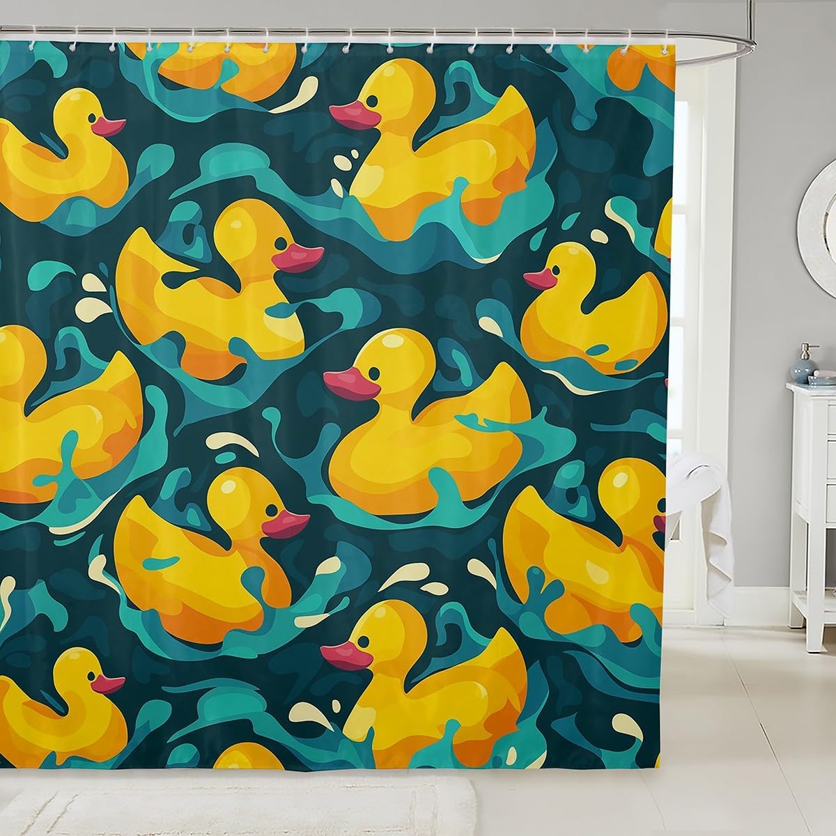 

Yellow Duck Fabric Shower Curtain Nautical Sea Animal Bath Curtain,Rustic Farmhouse Cute Cartoon Country Pet Coastal Creature 90x180CM