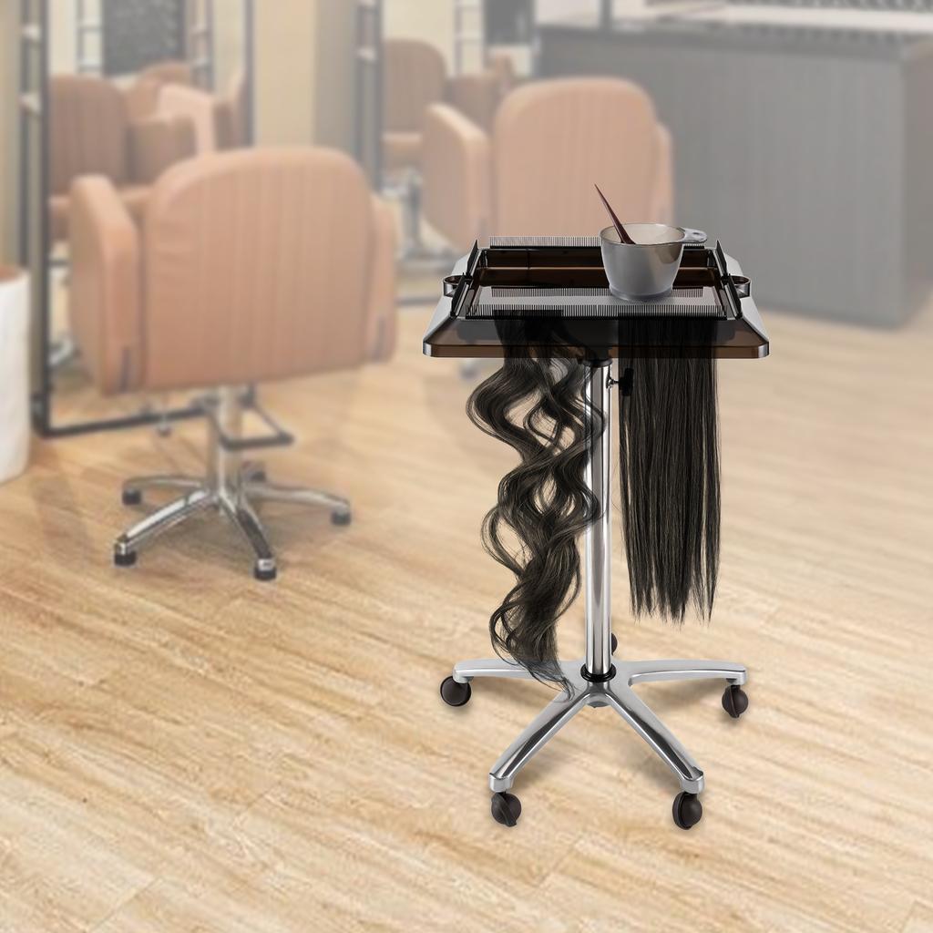 Removable Hair Extension Tool Tray Cart, 5-Wheel Adjustable 70-110cm Height Wig Holder Stand, Silver & Black Styling Station