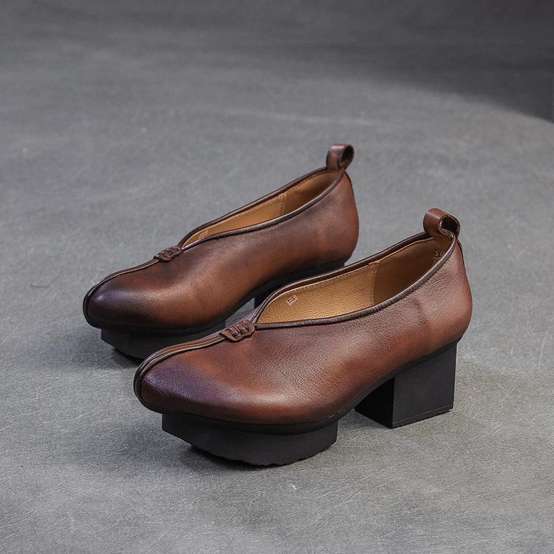 Fashion GKTINOO Spring Autumn Ethnic Style Round Toe High Heels Mom Shoes Cowhide Platform Retro Genuine Leather Pumps Women's Shoes