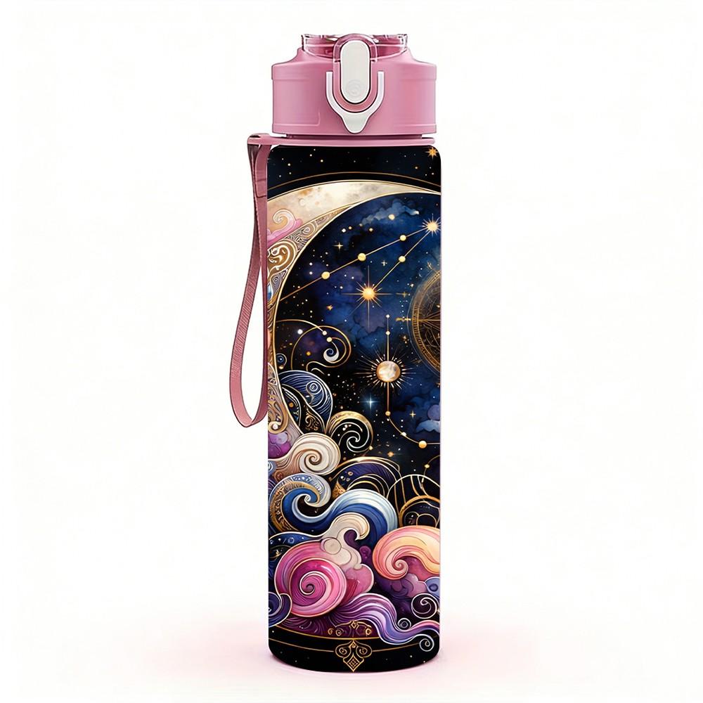 1PC Galaxy Moon Wolf Dream Fantasy Art 750ml Color Plastic Sports Water Bottle Leakproof Flip Straw Lid Suitable for Sports Office Home Use