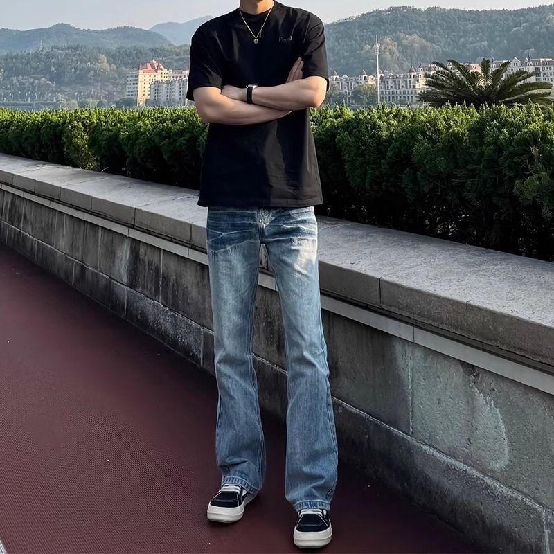 Trend mid-waist micro-elastic new daily washing quality semi-elastic waist straight through jeans men's fashion