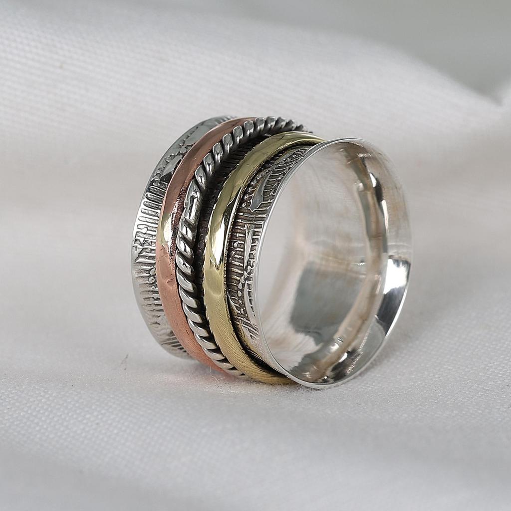 Sterling Silver Spinner Ring, Meditation Jewelry, Three Tone Band Ring, Anxiety Ring