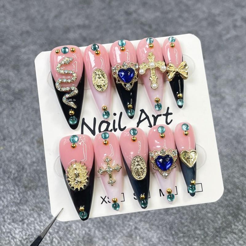 Reusable Press-On Nails With Snake Chain Metal Accents French Gradient Design Edgy Glam Look Small
