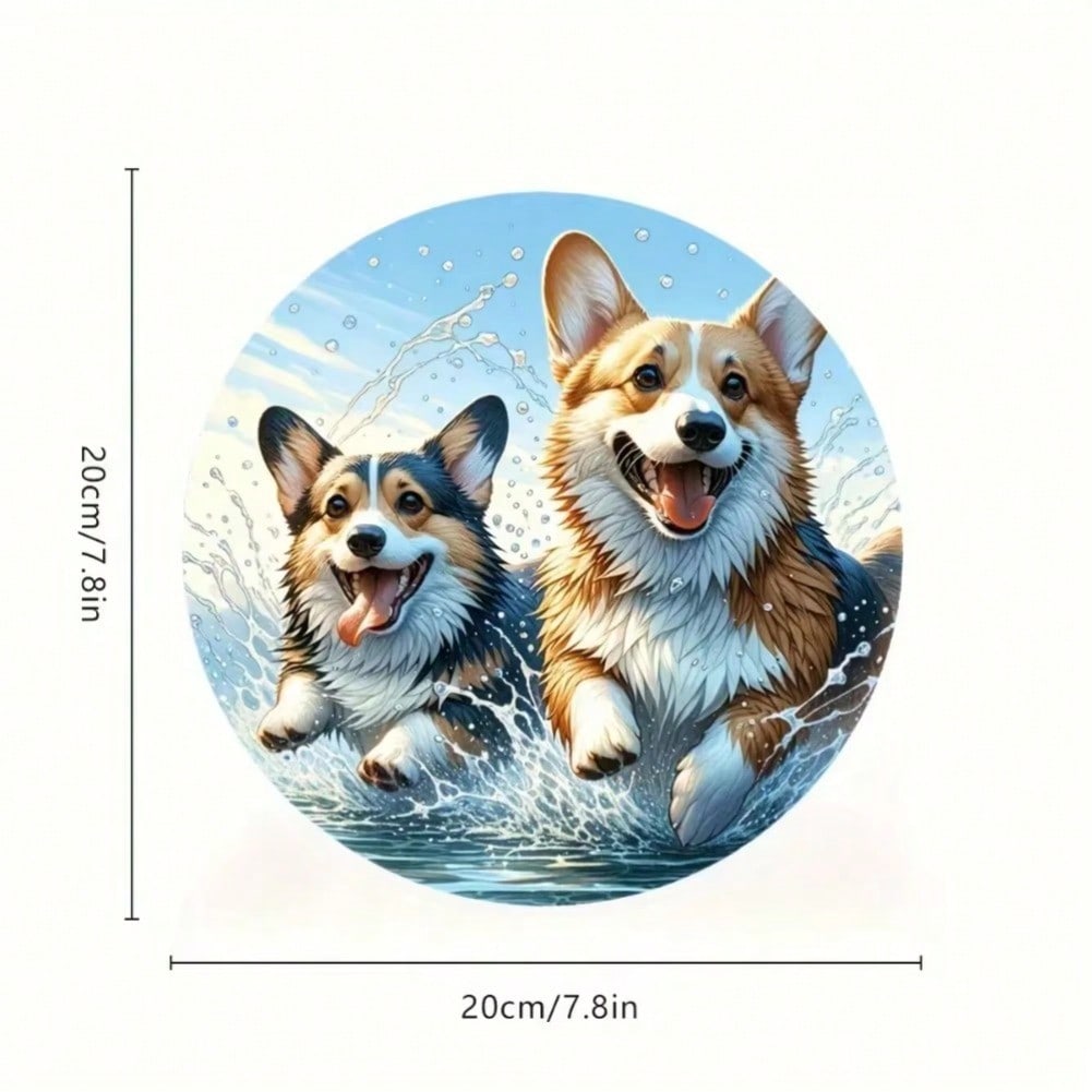 Corgi Playtime Dog Puppy Round Metal Tin Sign Home Decor Wall Art Gift 20x20