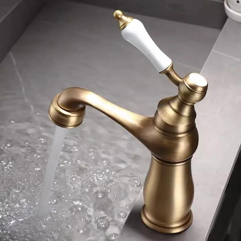 European Gold Basin Faucet Chrome Hot and Cold Mixers Antique Wash Basin Faucet Taps Ceramic Handle Basin Faucets