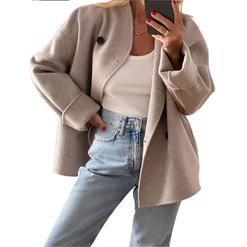 Haină de lână caldă, elegantă, vintage pentru femei, toamnă iarnă, ocazional, jachete dublu, pline de piept, haine chic cu guler în picioare.