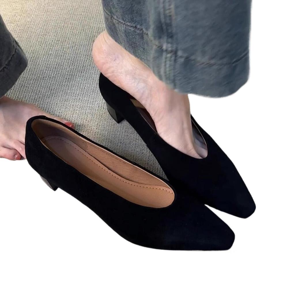 Leather version~ Commuter matte leather simple one-pedal single shoes women's French shallow mouth square head retro thick heel grandma shoes