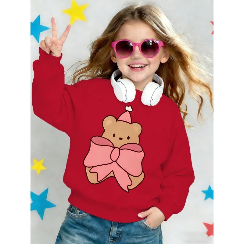 Kids Sweatshirt ,Round Neck Sweatshirt, Spring,Autumn Pink Bow Bear Cartoon Cute Kids Print Casual Sweatshirt 110