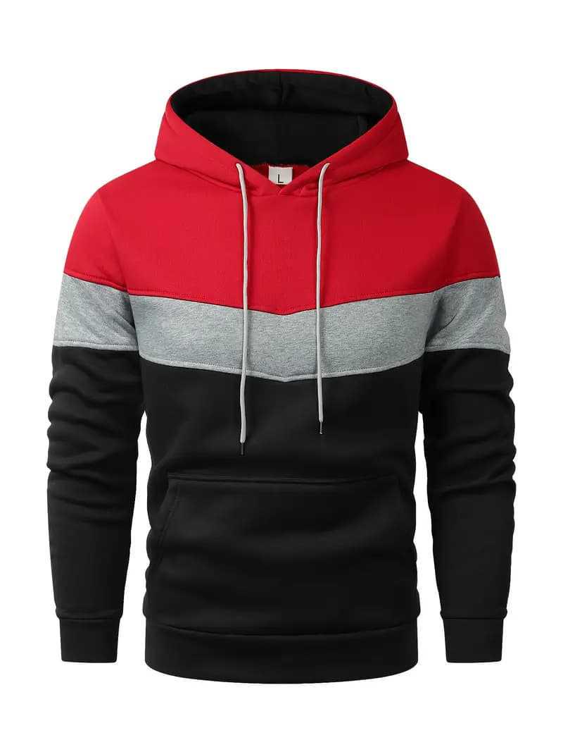 

Men s Patchwork Fleece Hoodie - Long Sleeve, Plus Velvet, Casual Sports Sweatshirt for Autumn/Winter, European Size. XXL красный