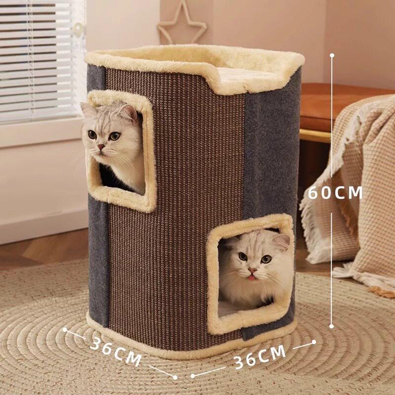 "Double-Layer Cat Tree with Warm House, Bed, and Sisal Scratching Board for All Seasons"