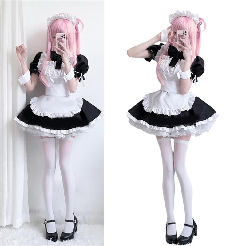 Anime Maid Costume Set Anime Maid Apron Maid Dress, Maid Headpieces, and Maid Bowtie Halloween Cosplay Costume