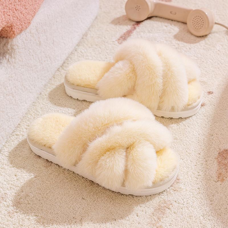 Women Fluffy Slippers Winter Warm Plush Slipper Cross Straps Fur Slipper Winter Warm Home Slippers for Women Flat Cotton Slides