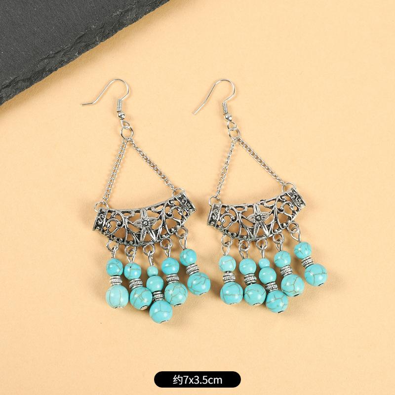 Retro ethnic style fringed earrings blue and red simple long bohemian earrings vacation style women's Tibetan silver earrings