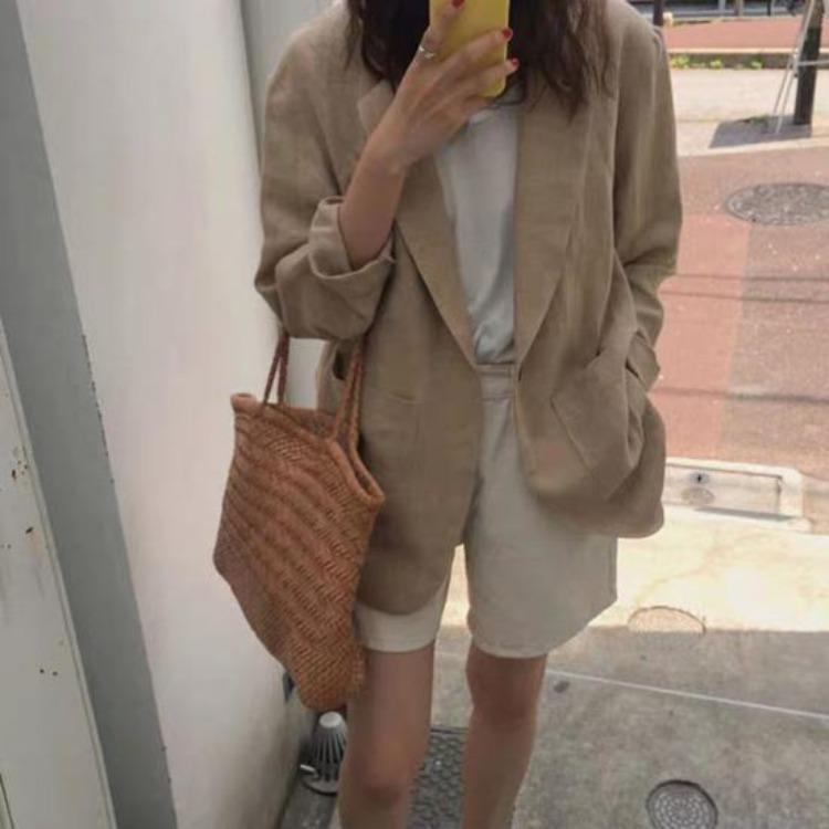 Women Casual Cotton Linen Blazer Jacket Long Sleeve OL Work Coat Suit for Spring Summer One Button Casual Office Wear