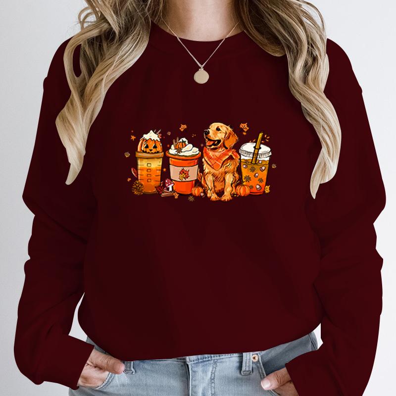 Fall Pumpkin Coffee Golden Retriever Print Sweatshirts Autumn Winter Long Sleeve Round Neck Pullovers Casual Hoodless Sweatshirt