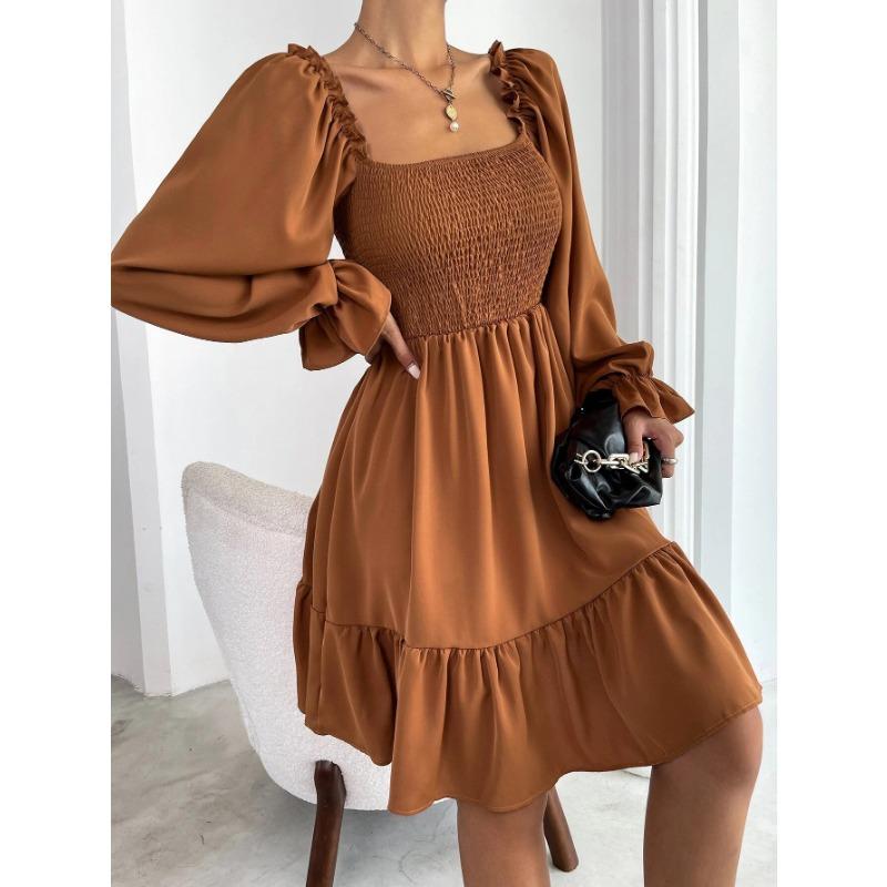Women European Style Square Neck Ruffle Hem Long Sleeve Loose Casual Dress