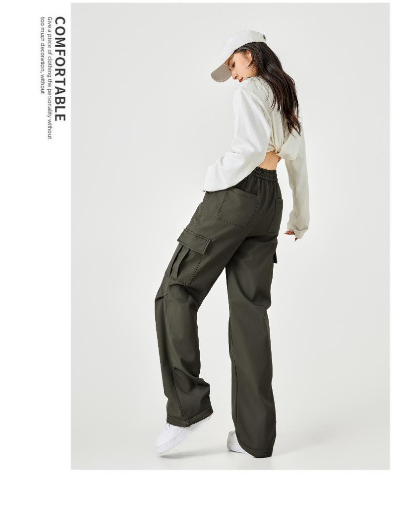 Damen Hochwertige Lässige Cargohose: Herbst/Winter-Stil, mit Plüschfutter, lockere Passform, gerades Bein, mehrere Taschen, Kordelzug, Polyester.