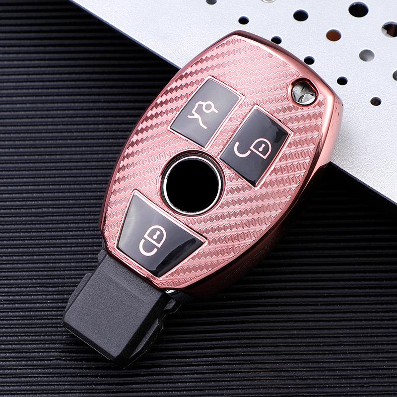 

Carbon Fiber TPU Car Smart Key Case Cover для Mercedes Benz W205 W212 X166 W176 W211 W204 W222 W463 CLA GLC GLK Тримач рожевий