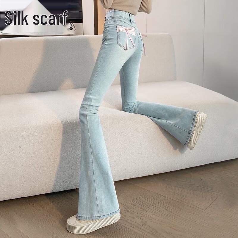 Siboshe Women's Slim Flare Washed Denim Jeans with Bow Detail