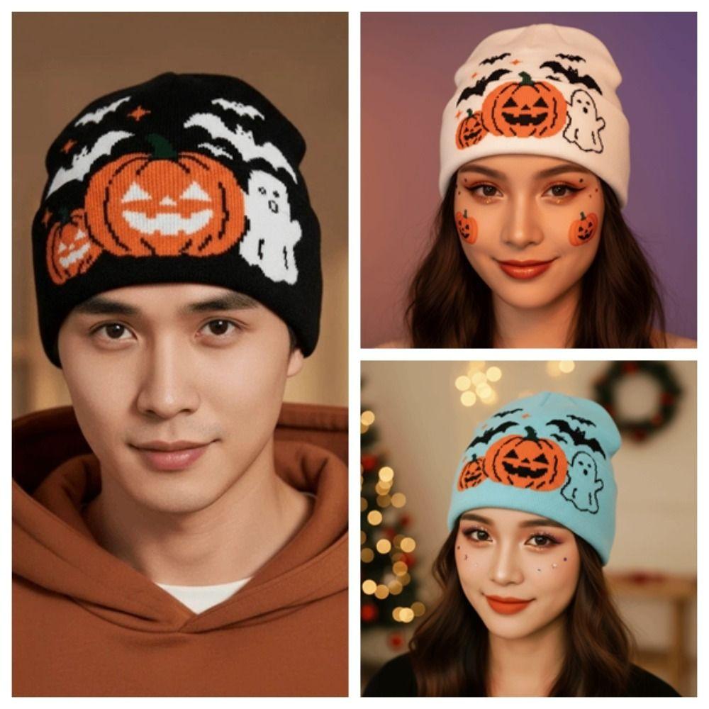 Thermal Halloween Beanie Elastic Pumpkin Bonnets Jacquard Knit Cap Ghost Skullies Youth