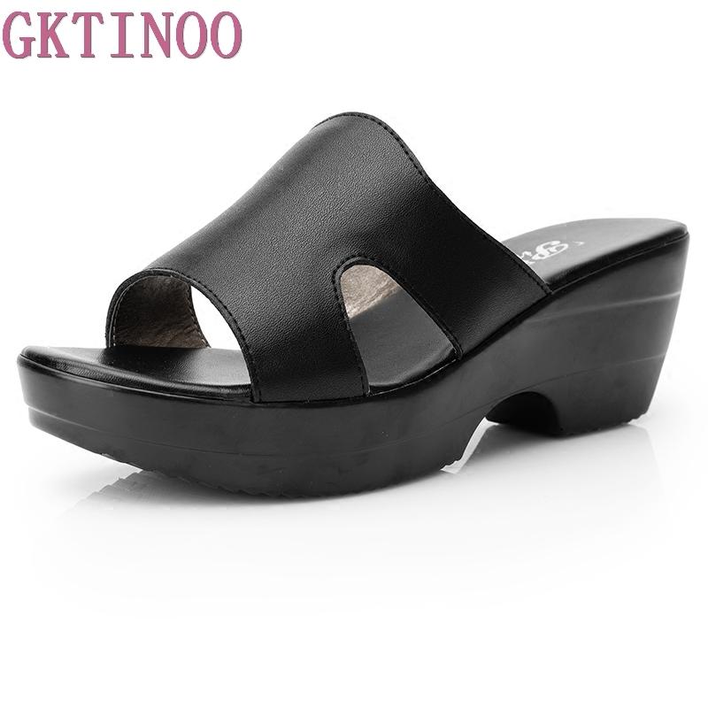 Fashion GKTINOO Women Slipper Sandals Wedges Platform Genuine Leather Peep toe Female Sandals Ladies clogs Summer Shoes Plus Size 41 42