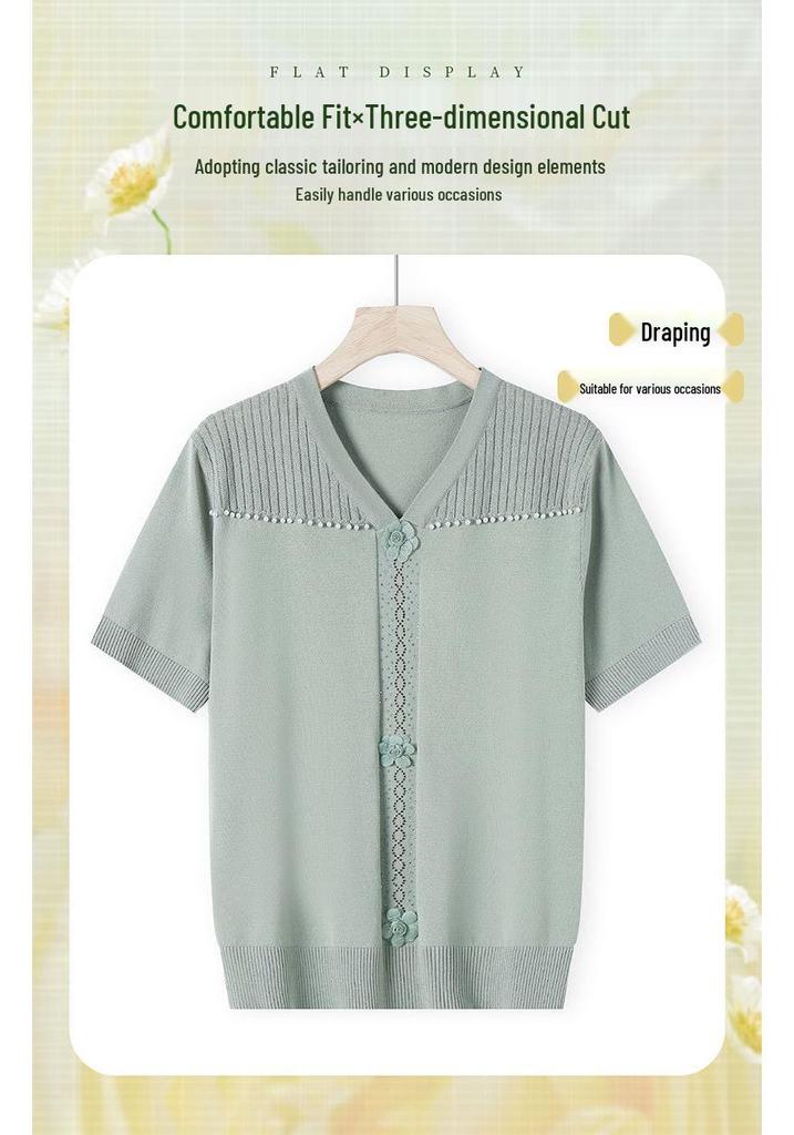 Elegant Summer V-Neck Short-Sleeve T-Shirt for Moms: Light Knitwear for Middle-aged and Elderly Women