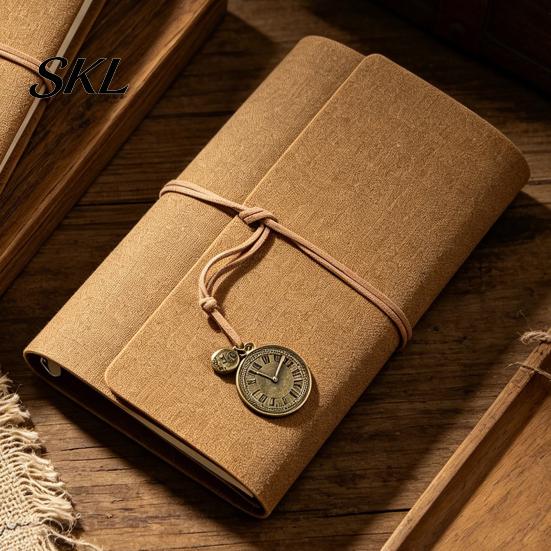 Faux Leather Notebook Writing Journal Notebook, 6 Ring Loose Leaf Binder, 7 Retro Pocket Clock Decoration Inch Diary Sketchbook with Pendant