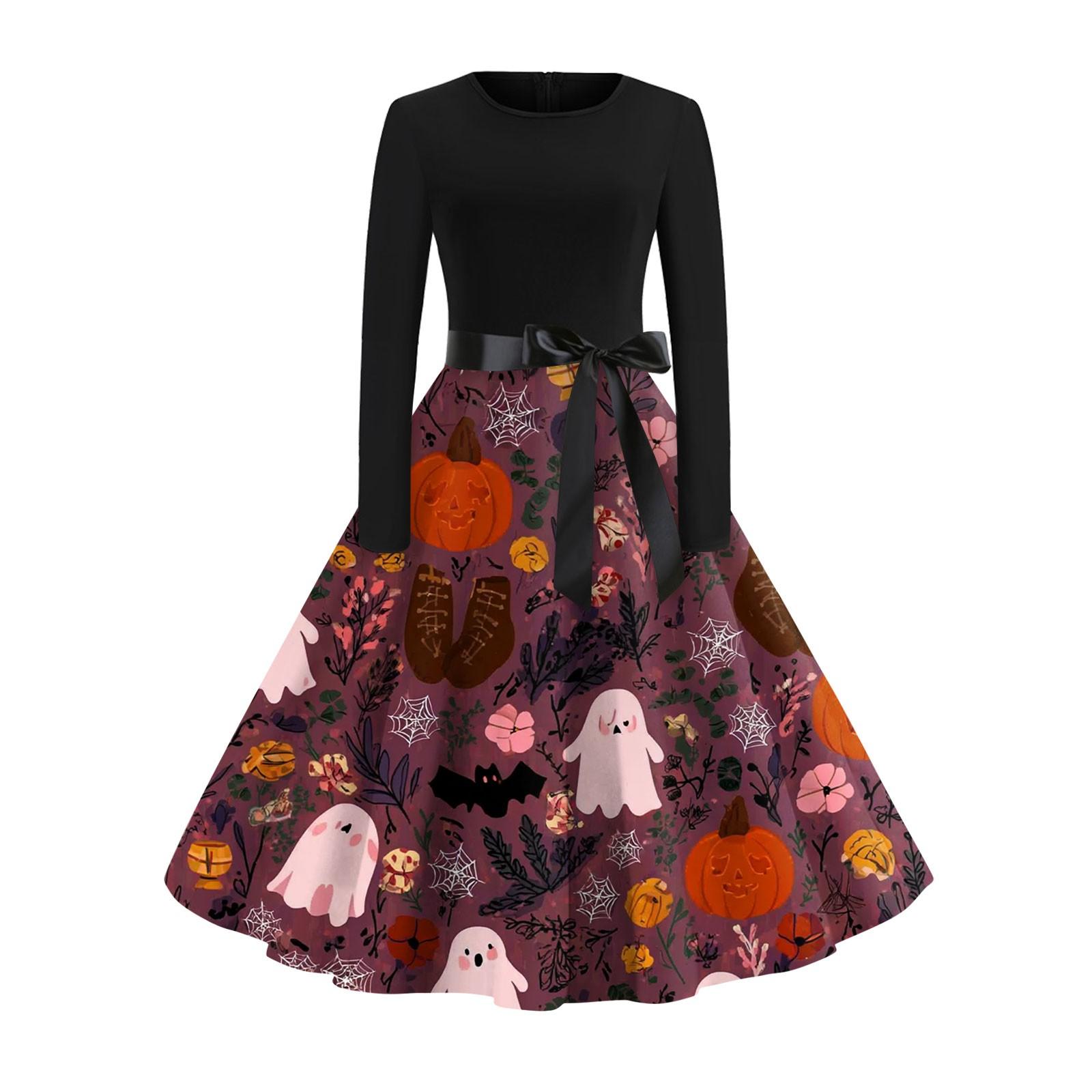 

Женское модное повседневное платье с круглым вырезом, принтом на Хэллоуин и длинными рукавами XL шафрановый