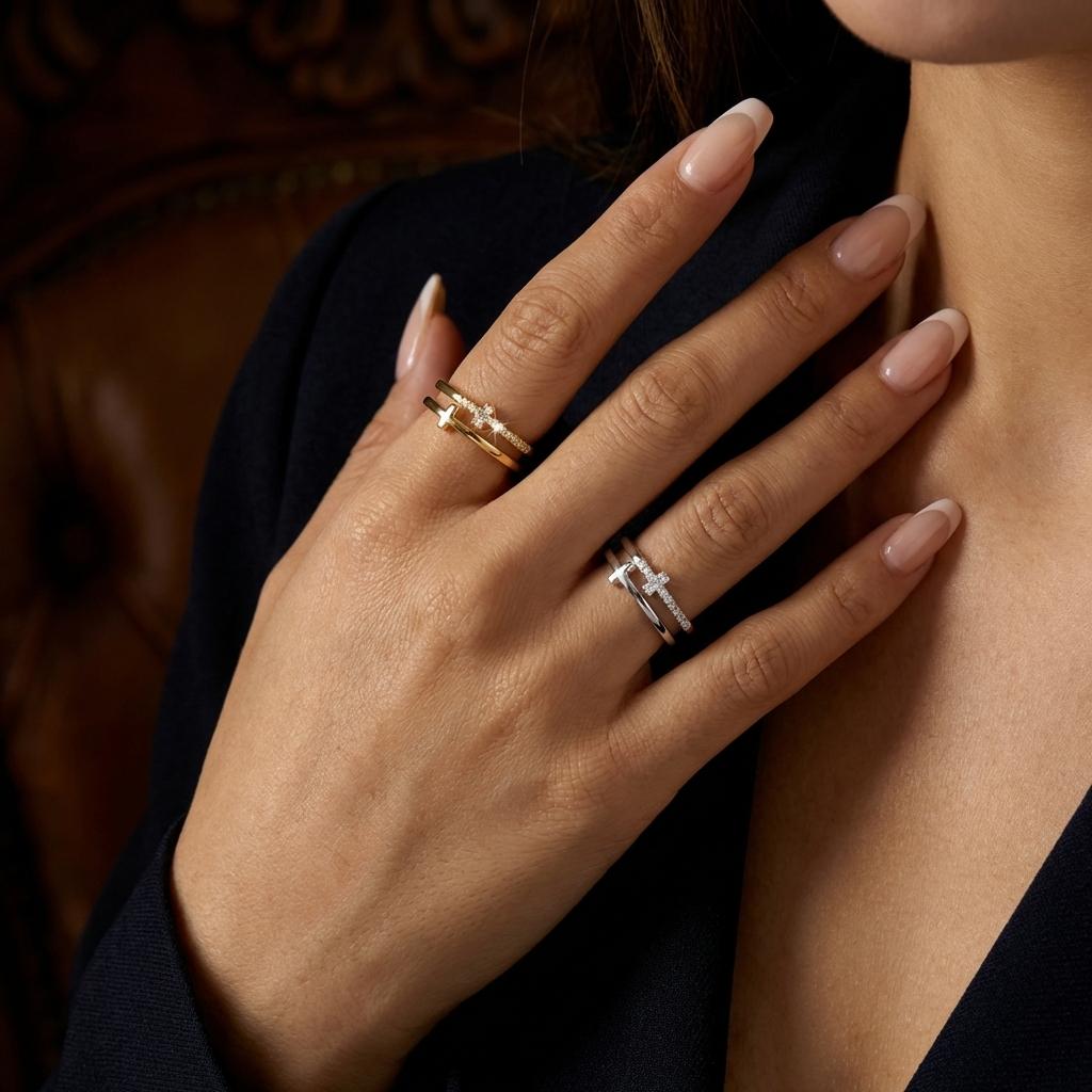 Delicate Double Band Cross Ring for Women Brass Zircon Asymmetrical Two Row Paved Minimalist Everyday Chic Jewelry