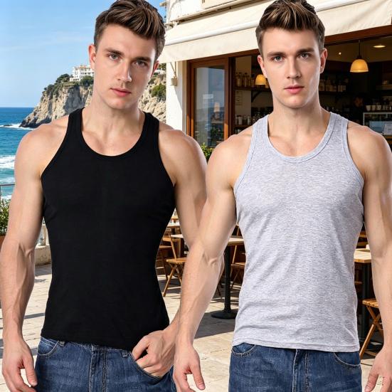 2Pcs Men Athletic Tank Tops Solid Color Crew Neck Sleeveless Tee Breathable Casual Summer Vest for Gym Outdoor Workout Beach