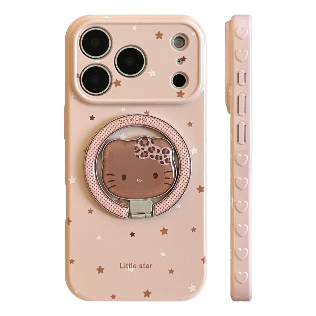 Pink Leopard Print Magnetic Phone Case with Stand for iPhone 16 Pro/13/15 - Cartoon Design