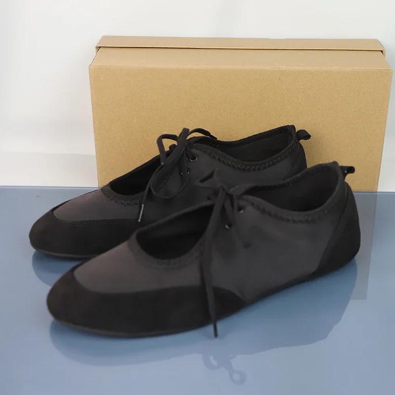 Fashion Black Lace-Up Women's Ballet Flats Comfortable Soft Satin Fabric Round Toe Ladies Autumn Shoes Brand Leisure Female Footwear