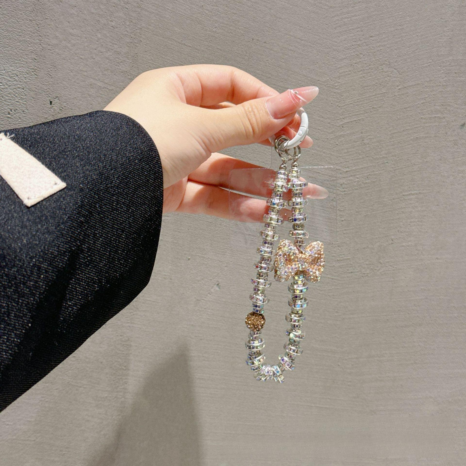 

New High-Value Sweet Phone Chain Rhinestone 3D Bow Phone Case Pendant Earphone Strap Wholesale for Women коричневий