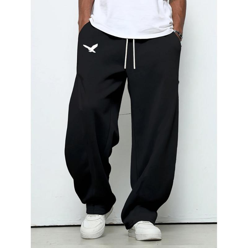 Men Bird Print Drawstring Sweatpants Loose Wide Leg Casual Sport Trousers For All Season Daily Wear S чёрный