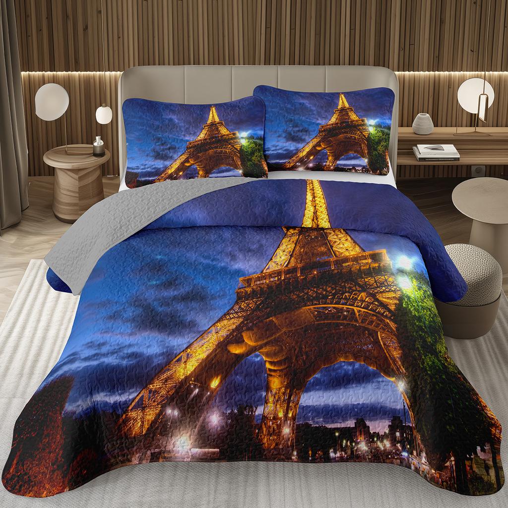 Eiffelturm Tagesdecke Vintage Paris Stadtlandschaft Quilt-Set Doppel-/Queen-Größe, Weiche Leichte Wendbare Tagesdecke für Mädchen Frauen