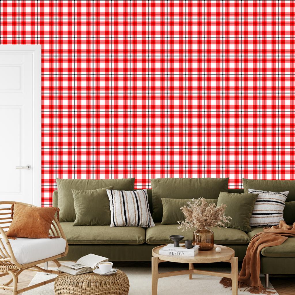 Red Checkered Wallpaper Coral, Red and Light Gray 50x1000