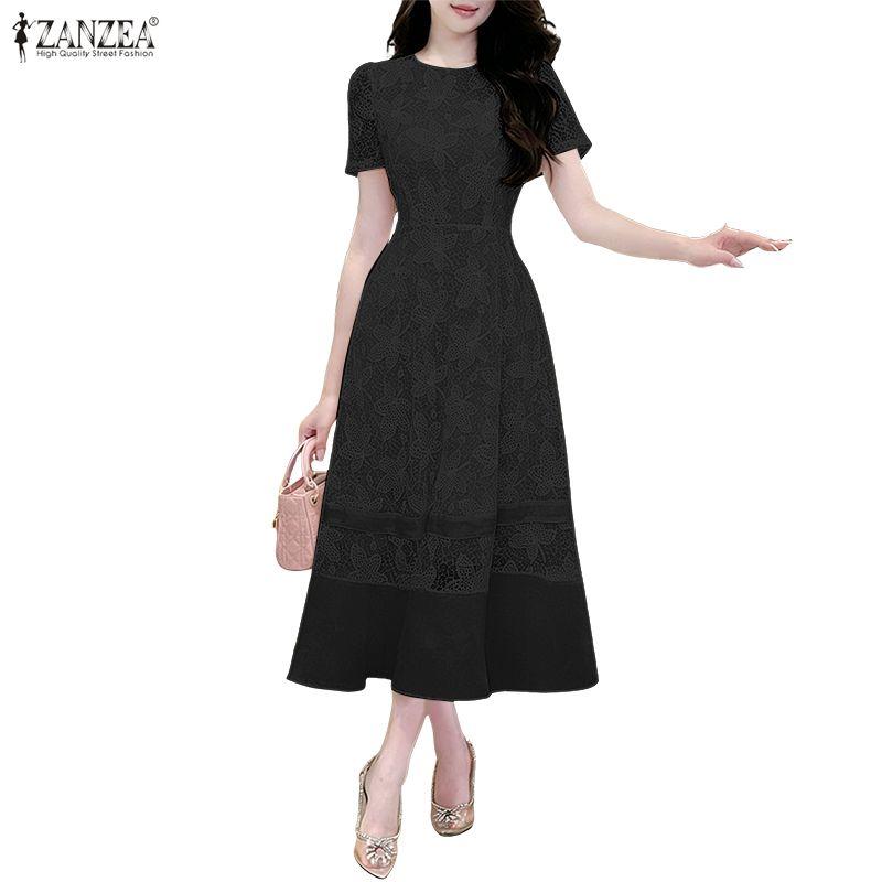 ZANZEA Women Casual Round Neck Short Sleeve Elegant Lace Long Dress