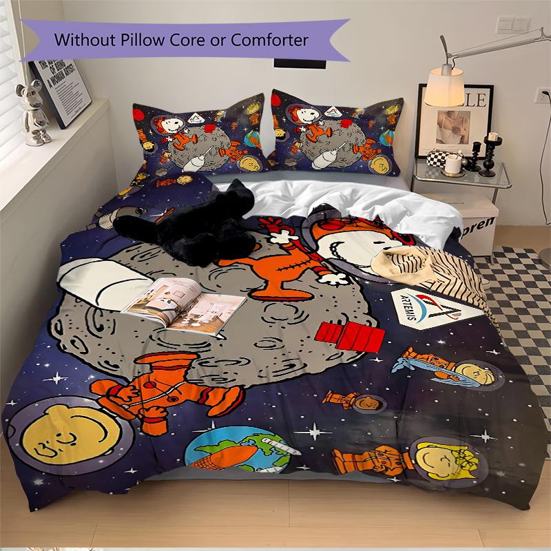 Space Adventure Snoopy Printed 3pcs Bedding Set Soft Microfiber 1 Duvet Cover And 2 Pillowcases Home Bedroom Decor Xmas Gift Ek141