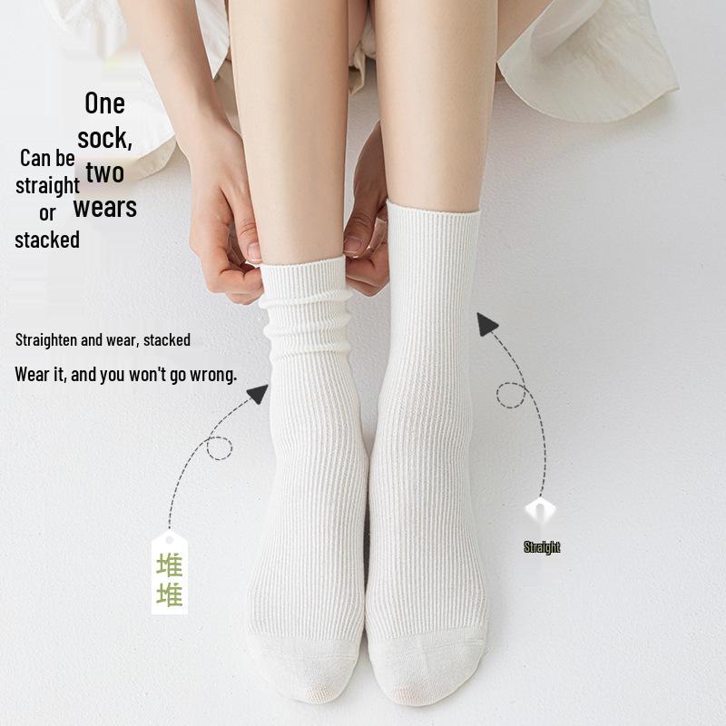 Women's Pure Cotton Mid-Calf Socks - Spring/Summer Style, Double Needle Craft, Solid Color, Seamless Toe.